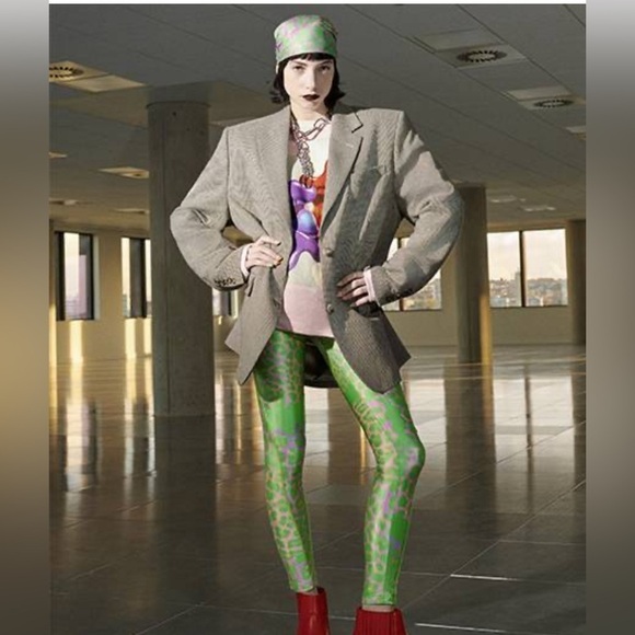 🆕RARE-H&M Studio Collection‘22 pattern  leggings/jersey w/sheen,high waist,💚🩷 - Picture 3 of 3